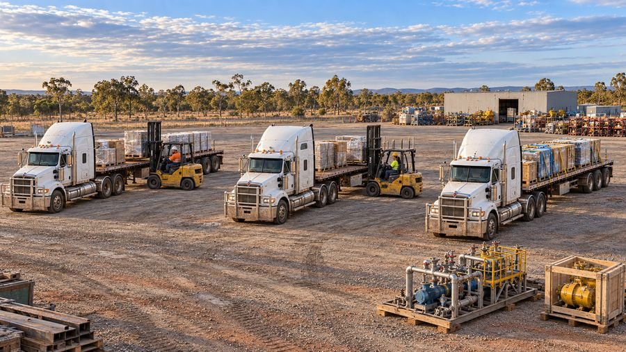 Trucks loaded with project cargo at a Western Australian yard